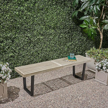 Solid Wood Seat Metal Frame Outdoor Bench Weather-Resistant for Garden Patio or Deck Comfortable Seating Solution