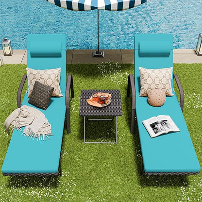 Patio Chaise Lounge Set 3 Pieces Outdoor Lounge Chair with Rattan Adjustable Backrest Armrest and Folding Table for Beach Patio,Sand, for Poolside Backyard Porch
