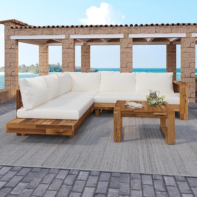 Acacia Wood 4pc Outdoor Sectional Sofa Set with Cushions and Slatted Design - Modern Patio, Deck & Garden Seating for Ultimate Comfort