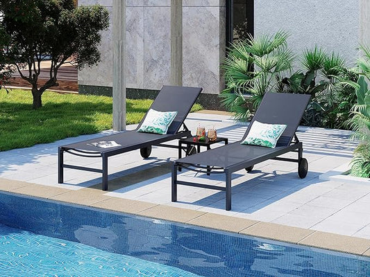 SUNLEI Lounge Chair for Outside Set of 4, Patio Chaise Lounge Outdoor w/ 5-Position Adjustable Backrest, Movable Pool Recliner Lounge Chairs, Tanning Chair for Patio, Charcoal Gray