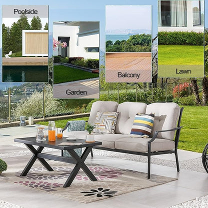 LOKATSE HOME Outdoor Patio Cushioned Loveseat 3 Seats Sofa Bench with Metal Coffee Table, Beige