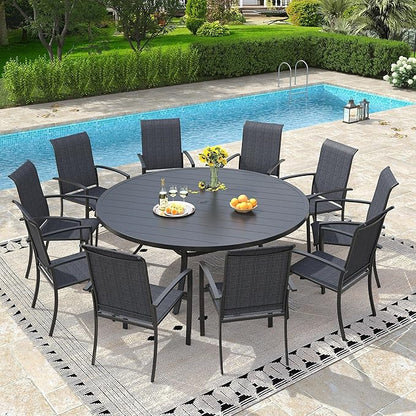 VICLLAX 63" Outdoor Patio Dining Table for 8-10, Metal Round Table with Umbrella Hole for Deck Lawn Garden Backyard, Black