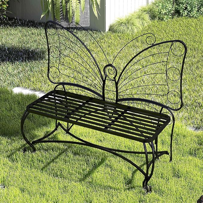 Pink Butterfly Benches Outdoors, Pretty Garden Bench & Cute Metal Outside Bench, Front Porch Benches Outdoor with Sturdy Frame for Lawn Yard Balcony (Black 2)