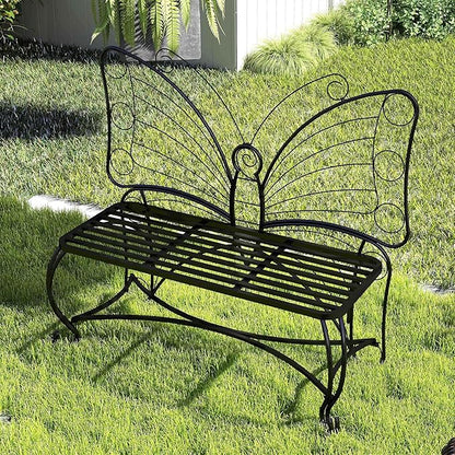 Pink Butterfly Benches Outdoors, Pretty Garden Bench & Cute Metal Outside Bench, Front Porch Benches Outdoor with Sturdy Frame for Lawn Yard Balcony (Black 2)