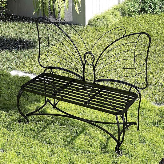 Pink Butterfly Benches Outdoors, Pretty Garden Bench & Cute Metal Outside Bench, Front Porch Benches Outdoor with Sturdy Frame for Lawn Yard Balcony (Black 2)
