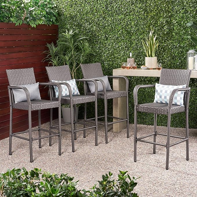 Christopher Knight Home Delfina Outdoor Wicker Barstools, 4-Pcs Set, Grey