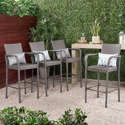 Christopher Knight Home Delfina Outdoor Wicker Barstools, 4-Pcs Set, Grey