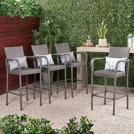 Christopher Knight Home Delfina Outdoor Wicker Barstools, 4-Pcs Set, Grey