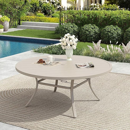 Patio Dining Table for 6-8, Round Metal Outdoor Table with 1.57" Umbrella Hole, 50" Outdoor Slat Tabletop Dining Table for Backyard, Porch, Lawn, Sand