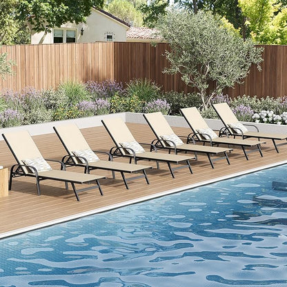 Outdoor Lounge Chair, Adjustable Patio Reclining Chaise with Textilene Fabric, Pool Lounge Chair with 5-Position Backrest for Patio, Garden, Poolside & Balcony,Khaki Set of 6