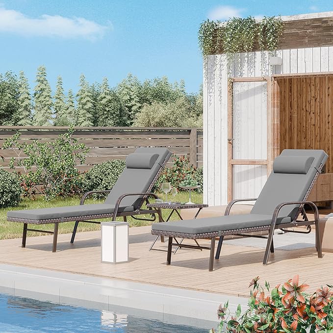 ALAULM 3 Pieces Outdoor Chaise Lounge Set Rattan Wicker Adjustable Pool Lounge Chair w/Folding Table,Patio Armrest Recliner for Beach, Poolside,Grey