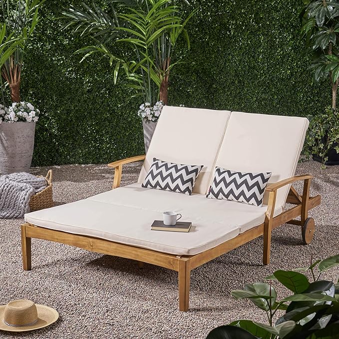 Great Deal Furniture Samantha Double Chaise Lounge for Yard and Patio, Acacia Wood Frame - Photo 2