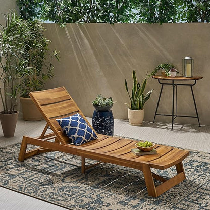 78.75" D Acacia Wood & Iron Chaise Lounge Teak Finish Yellow Outdoor Patio