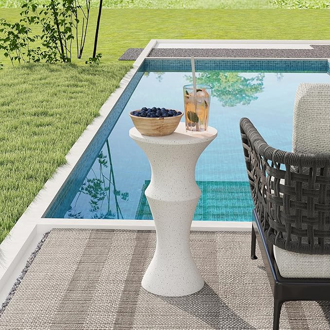 Indoor/Outdoor Side Table – 11” Round Concrete Pedestal Accent Table, Modern Minimalist Mid-Century Stone Side Table for Patio, Balcony, or Living Room, Spotted White