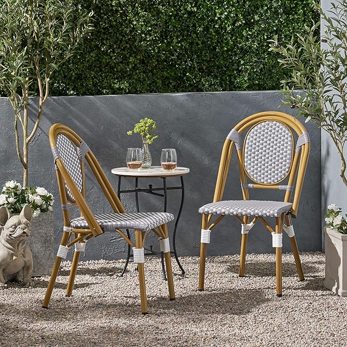Christopher Knight Home Gwendolyn Outdoor French Bistro Chairs (Set of 2), Gray + White + Bamboo Print Finish - Photo 2