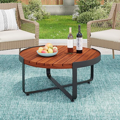 Christopher Knight Home Dolly Outdoor Round Coffee Table, Slat Panel Coffee Table, Acacia Wood and Metal Frame, Cross Metal Leg Support, Wooden Side Desk for Backyard Balcony Garden, Mahogany