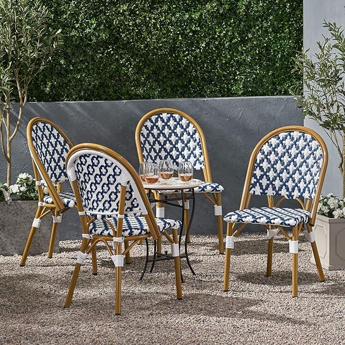 Christopher Knight Home Anastasia Outdoor French Bistro Chair (Set of 4), Blue + White + Bamboo Print Finish - Photo 3
