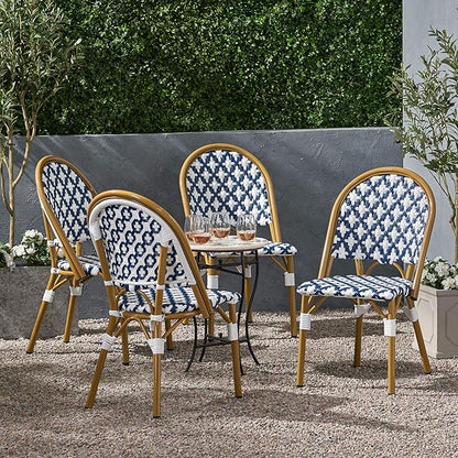 Christopher Knight Home Anastasia Outdoor French Bistro Chair (Set of 4), Blue + White + Bamboo Print Finish