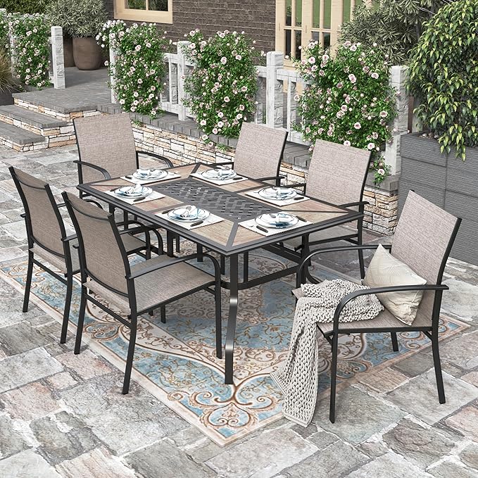 HERA'S HOUSE Patio Dining Table with Umbrella Hole for 6, Rectangle Outdoor Metal Table for Lawn Garden Backyard - Photo 2