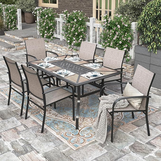 HERA'S HOUSE Patio Dining Table with Umbrella Hole for 6, Rectangle Outdoor Metal Table for Lawn Garden Backyard