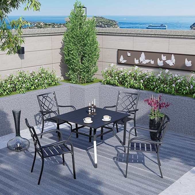 37" x 37" Patio Dining Table, Outdoor Square Bistro Metal Table with Steel Slat Table Top for Porch Deck Garden Backyard Poolside, 1.57" Umbrella Hole, Black