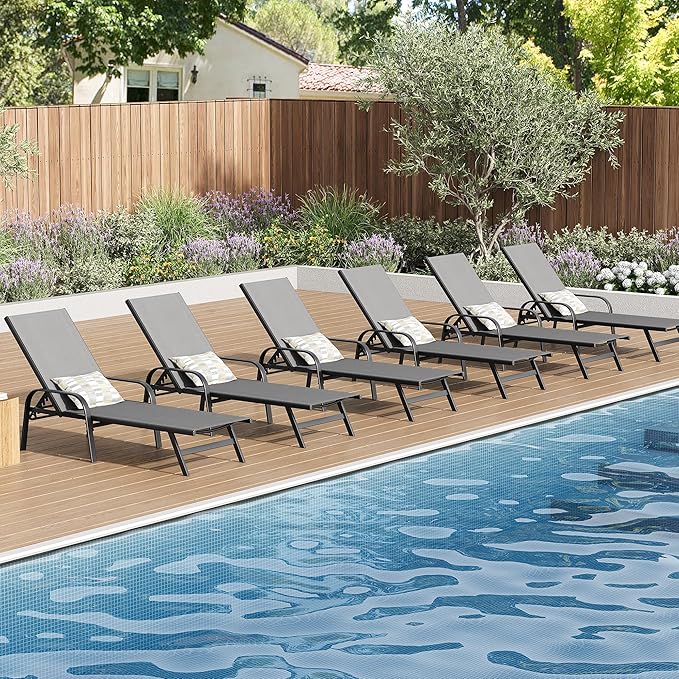 Outdoor Lounge Chair, Adjustable Patio Reclining Chaise with Textilene Fabric, Pool Lounge Chair with 5-Position Backrest for Patio, Garden, Poolside & Balcony,Grey Set of 6