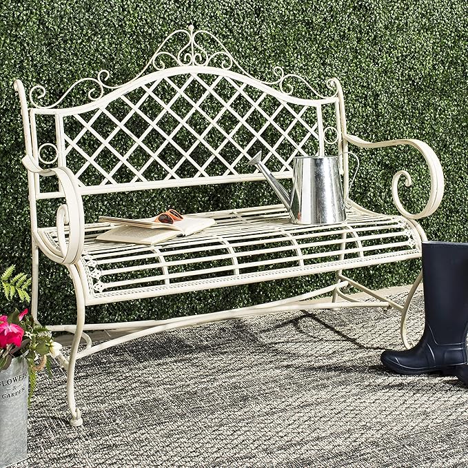 Safavieh PAT5017A Collection Adina Antique White Wrought Iron 51.25" Outdoor Garden Bench - Photo 2