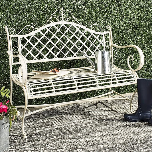Safavieh PAT5017A Collection Adina Antique White Wrought Iron 51.25" Outdoor Garden Bench