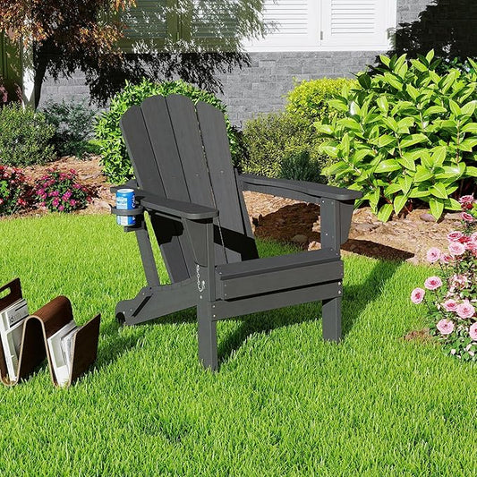Domi Folding Adirondack Chair, HDPE All-Weather Adirondack Chairs with Cup Holder, Outdoor Plastic Fire Pit Chairs Wood Texture for Poolside, Patio, Backyard, Deck (Grey)