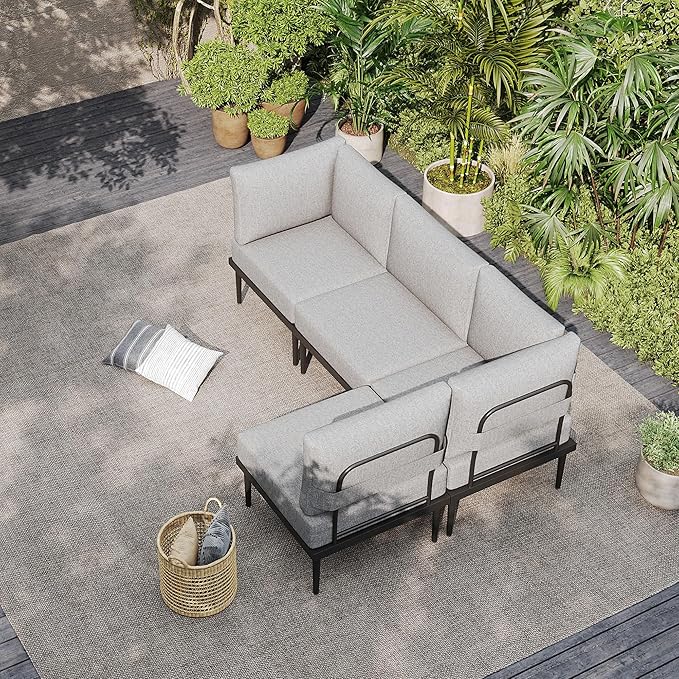 Sundale Outdoor 4 Pieces Patio Furniture Set, Metal Sectional Sofa Patio Conversation Set with 6 Inch Cushions, Modern - Photo 9