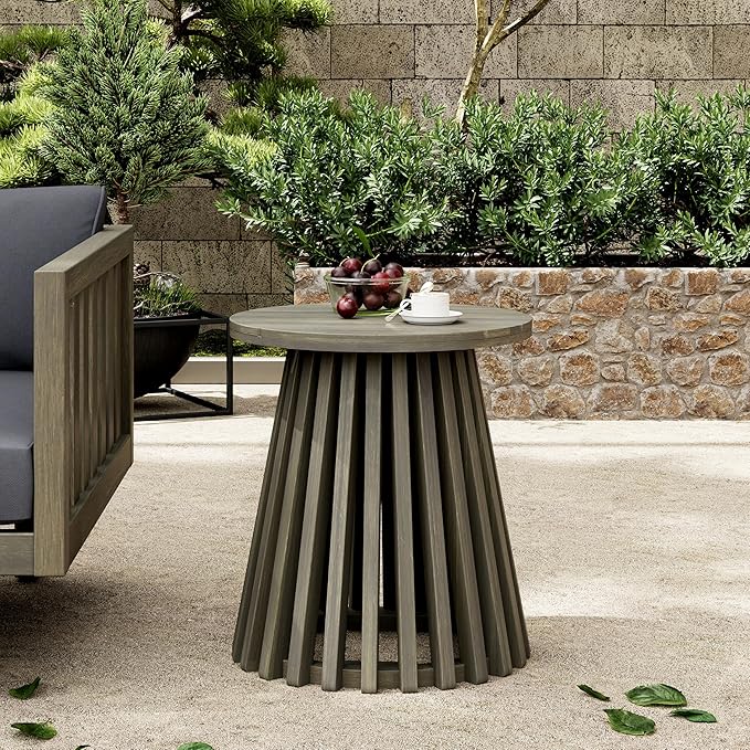 Merax Outdoor Acacia Wood Coffee Table 15.75" Round Patio Side Table for Backyard Lawn Balcony, Aesthetic Slat Base Design (Grey Finish)