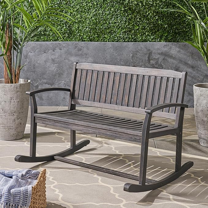 Patio Rocking Loveseat, 2 Person Outdoor Rocker Bench, Acacia Wood Patio Rocking Loveseat with Armrests - Photo 5