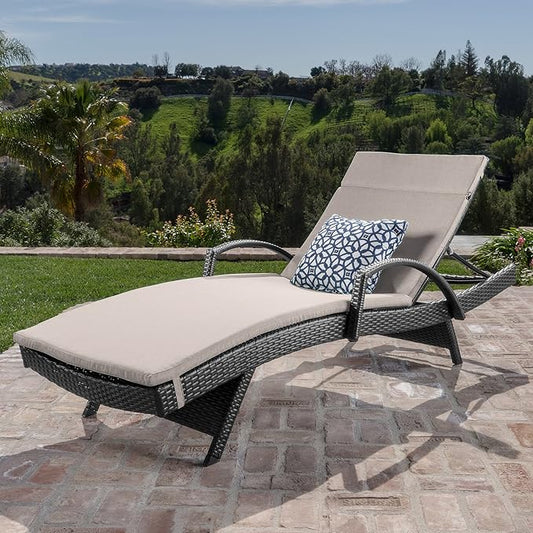 GDFStudio Solaris Outdoor Grey Wicker Armed Chaise Lounge w/Water Resistant Cushion (Textured Beige)