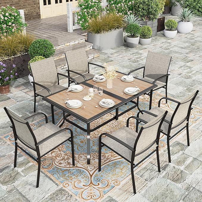 HERA'S HOUSE Patio Dining Table, 60"x38" Rectangle Outdoor Dining Table Top with Umbrella Hole and Metal Steel Frame for Lawn Garden Backyard
