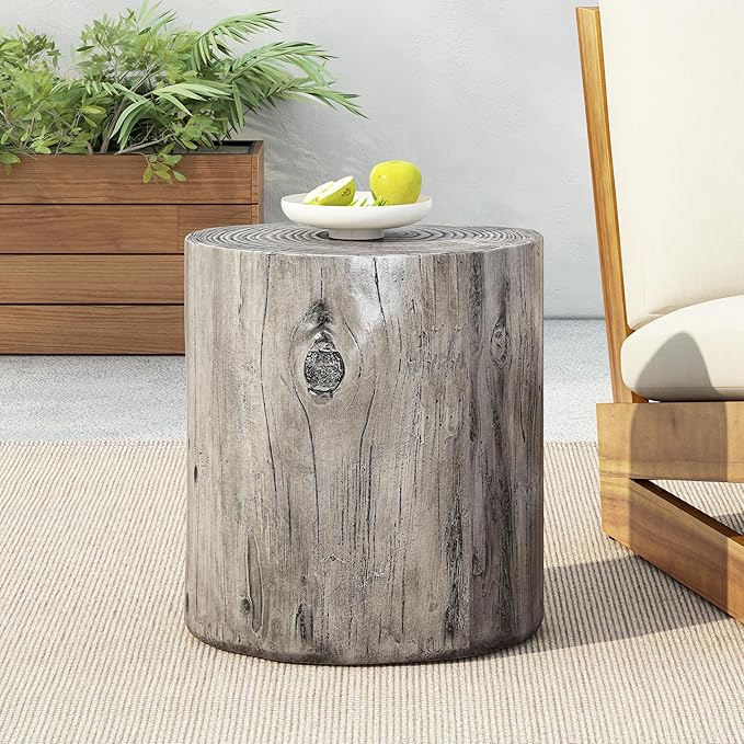 Christopher Knight Home Pawn 17" H MGO Outdoor Side Table with Tree-Stump Design, Patio Decorative Wood-Like Texture End Table, Round Top Lightweight Concrete Garden Stool, No Assembly, Gray