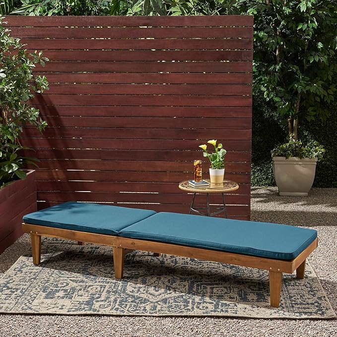 Great Deal Furniture Yvette Outdoor Acacia Wood Chaise Lounge and Cushion Set, Teak and Blue,309787 - Photo 5