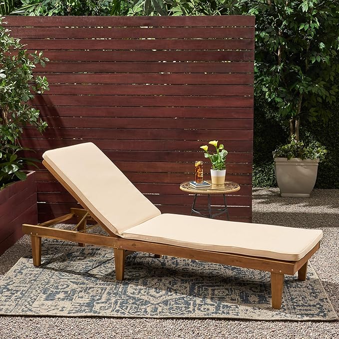 Great Deal Furniture Yvette Outdoor Acacia Wood Chaise Lounge and Cushion Set, Teak and Cream, 309788