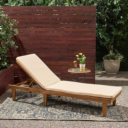 Great Deal Furniture Yvette Outdoor Acacia Wood Chaise Lounge and Cushion Set, Teak and Cream, 309788