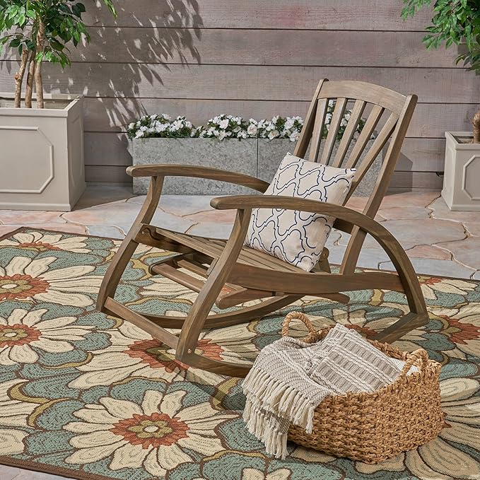 Outdoor Wooden Rocking Chair, Patio Rocking Chair with Wood Leg, Rocker Chairs with Solid Wood for Indoor, Outdoor, Backyard, Garden, Yard, Patio (Grey)