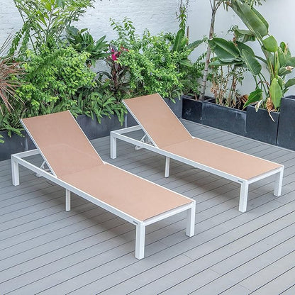 LeisureMod Marlin Aluminum Outdoor Chaise Lounge Chair (Set of 2) - Mesh Sling Fabric Seat White Aluminum Frame Beach, Pool Lounge Chair for Modern Patio Lawn, Garden and Backyard (Light Brown)