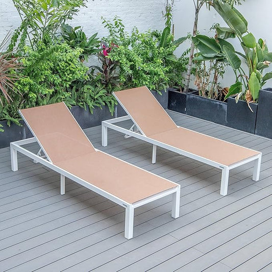 LeisureMod Marlin Aluminum Outdoor Chaise Lounge Chair (Set of 2) - Mesh Sling Fabric Seat White Aluminum Frame Beach, Pool Lounge Chair for Modern Patio Lawn, Garden and Backyard (Light Brown)