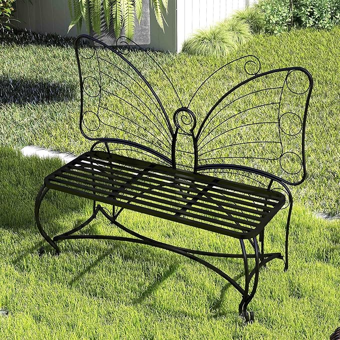 Cute Butterfly Bench Outdoor, Metal Garden Benches for Outdoors Patio Yard Lawn Balcony, Sturdy Frame (48 inch)