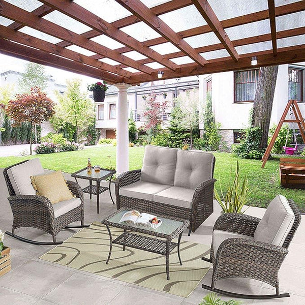 Belord 5 Piece Outdoor Conversation Patio Furniture Set - All-Weather Wicker Patio Rocking Chairs with Loveseat Glider - Photo 1