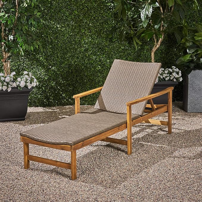 Great Deal Furniture Kyle Outdoor Rustic Acacia Wood Chaise Lounge with Wicker Seating, Natural and Gray