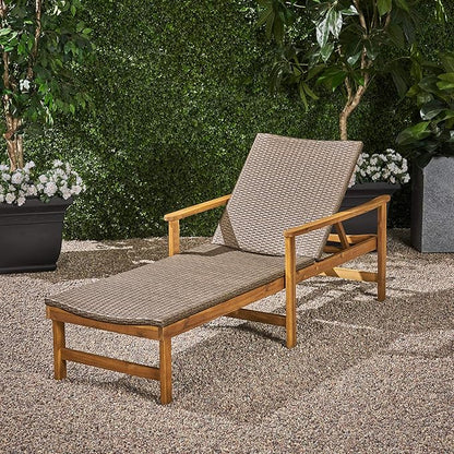 Great Deal Furniture Kyle Outdoor Rustic Acacia Wood Chaise Lounge with Wicker Seating, Natural and Gray