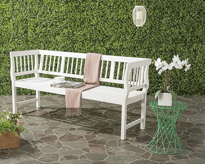 SAFAVIEH Outdoor Patio Furniture Collection – Brentwood Antique White Distressed Acacia Wood Bench with Silver Accents, Classic Outdoor Seating for Porch or Garden (PAT6732C)