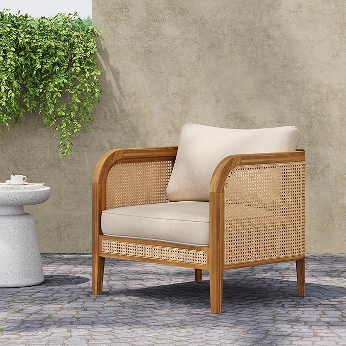 Christopher Knight Home Tilden Bohemian Acacia Wood Patio Accent Chairs, Wicker Lounge Chair Outdoor, Patio Furniture Single Sofa with Removable Cushion, Comfy Garden Reading Chair, Teak+Beige
