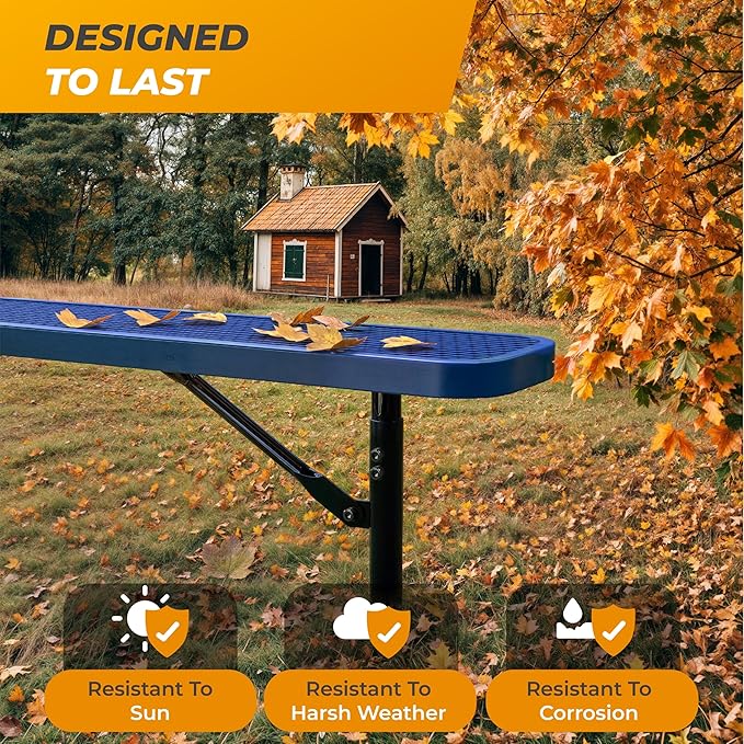 Heavy-Duty Outdoor Metal Bench, Thermoplastic-Coated, Inground, Weatherproof, Commercial-Grade for Parks, Gardens, Patios, Stores & More (6 Ft - Inground, Blue)
