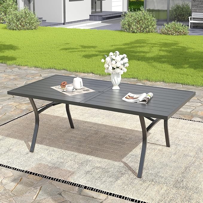 VICLLAX 63" Patio Dining Table for 6, Outdoor Rectangular Metal Table with Umbrella Hole for Porch Backyard Garden Deck - Photo 6
