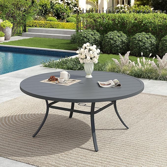 Patio Dining Table for 6-8, Round Metal Outdoor Table with 1.57" Umbrella Hole, 50" Outdoor Slat Tabletop Dining Table for Backyard, Porch, Lawn, Dark Grey